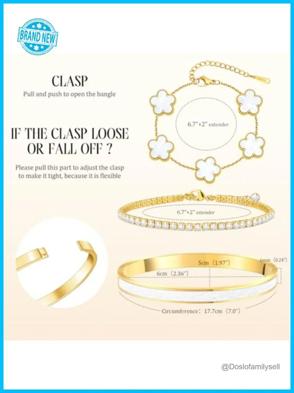 18K Gold Plated Stainless Steel Bracelet Stack Set with Bangle, Tennis, Clover